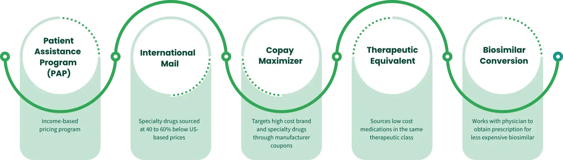 Diagram showing five medication saving strategies: Patient Assistance Program income-based pricing program, International Mail specialty drugs sourced at 40% to 60% below US-based prices, Copay Maximizer Targets high cost brand and specialty drugs through manufacturer coupons, Therapeutic Equivalent sources low cost medications in the same therapeutic class, Biosimilar Conversion works with physician t obtain prescription for less expensive biosimilar.